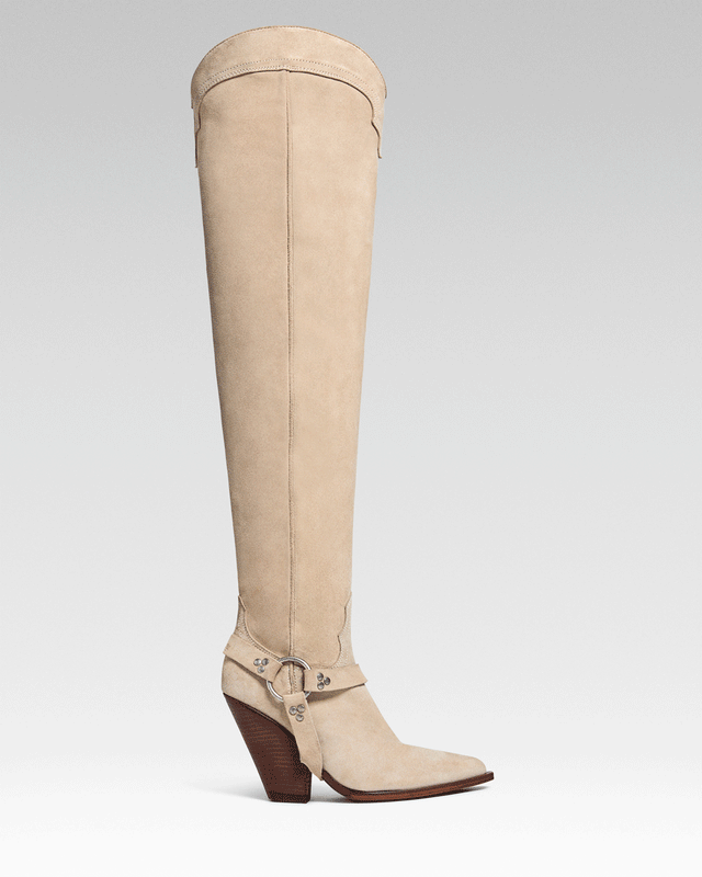 REYNOSA BELT Women's Over The Knee Boots in Sand Suede | Leather Harness