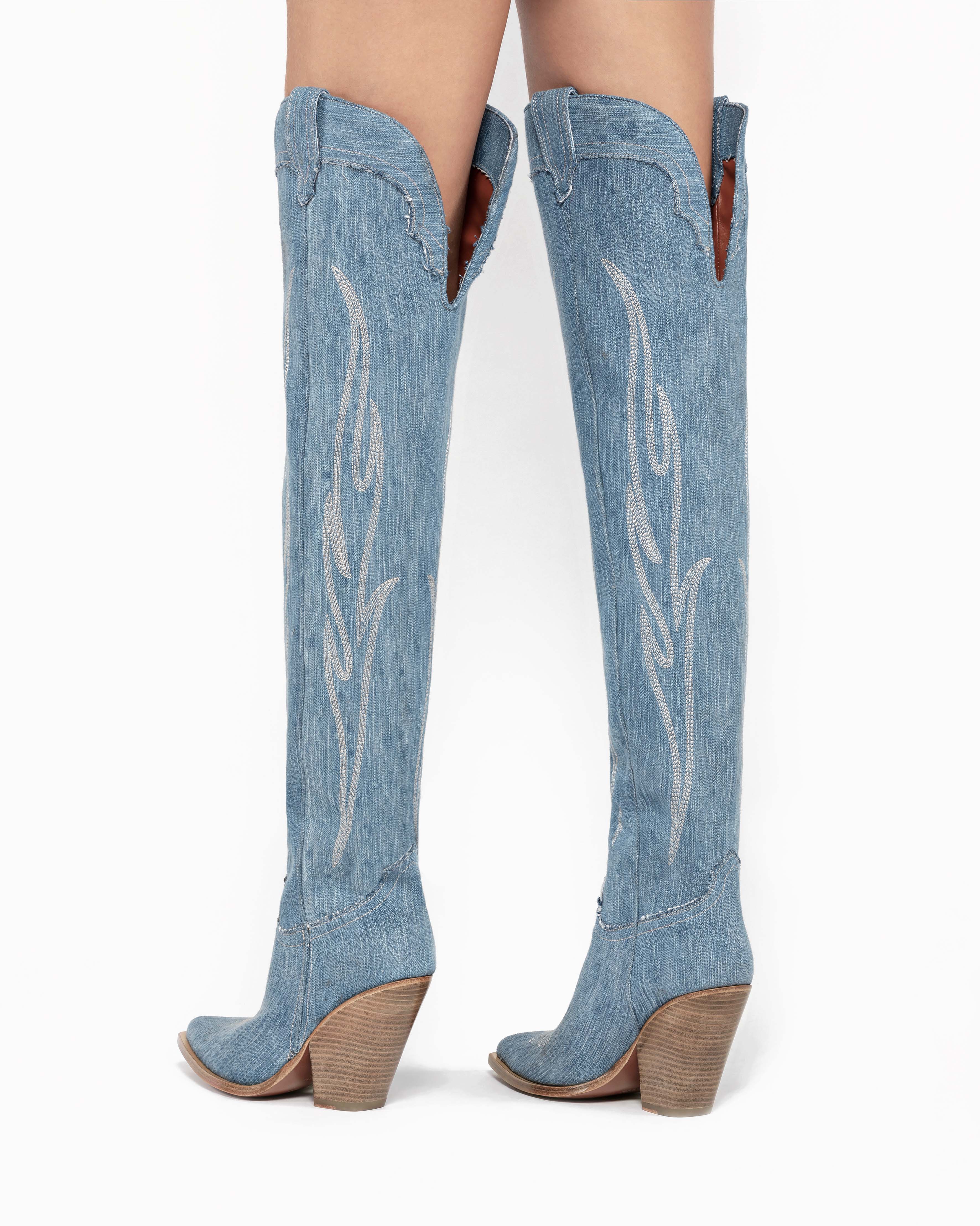 HERMOSA Women's Over The Knee Boots in Light Blue Jeans | Off-White Embroidery_Indossato_03