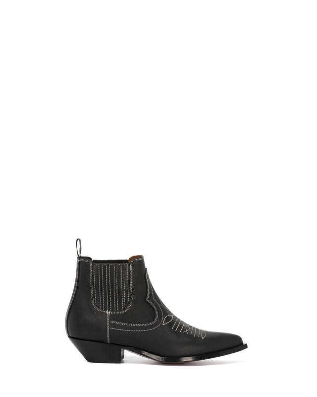 HIDALGO Women's Ankle Boots in Black Calfskin | Ecru Embroidery_01